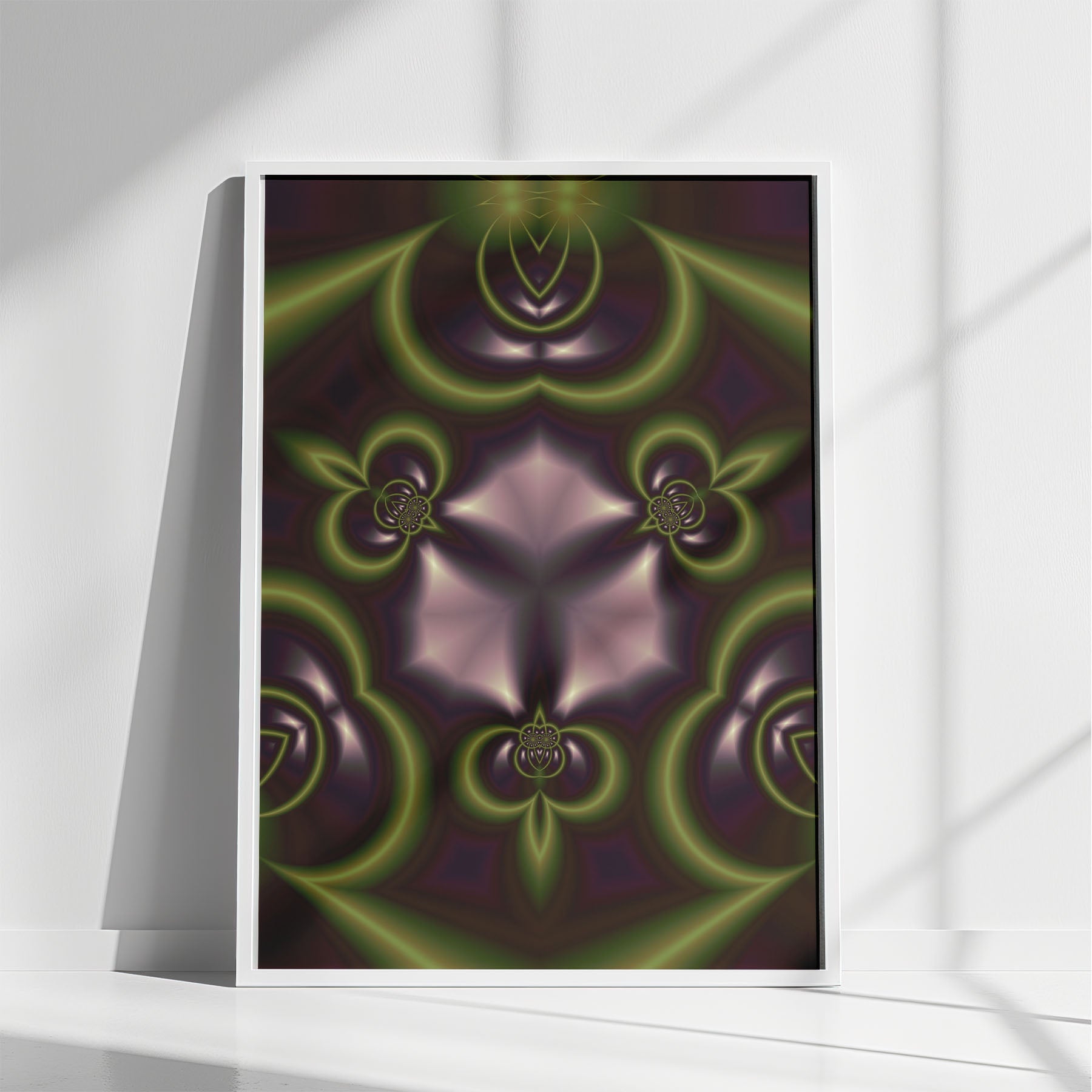 Aspidon abstract artwork featuring dark green, purple, and moss-colored symmetric geometric patterns in a black gallery frame.