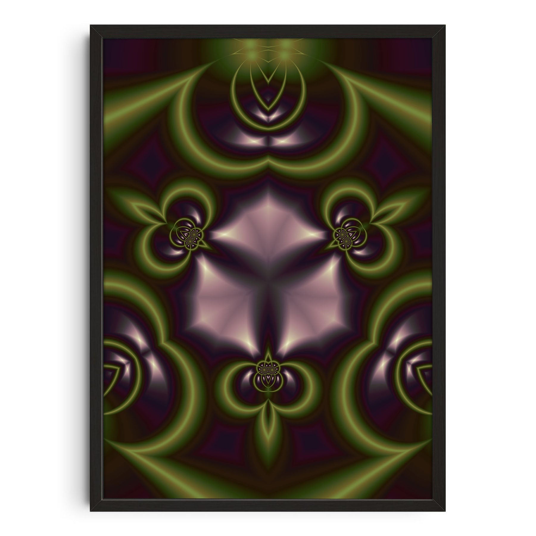 Aspidon abstract artwork featuring dark green, purple, and moss-colored symmetric geometric patterns in a black gallery frame.