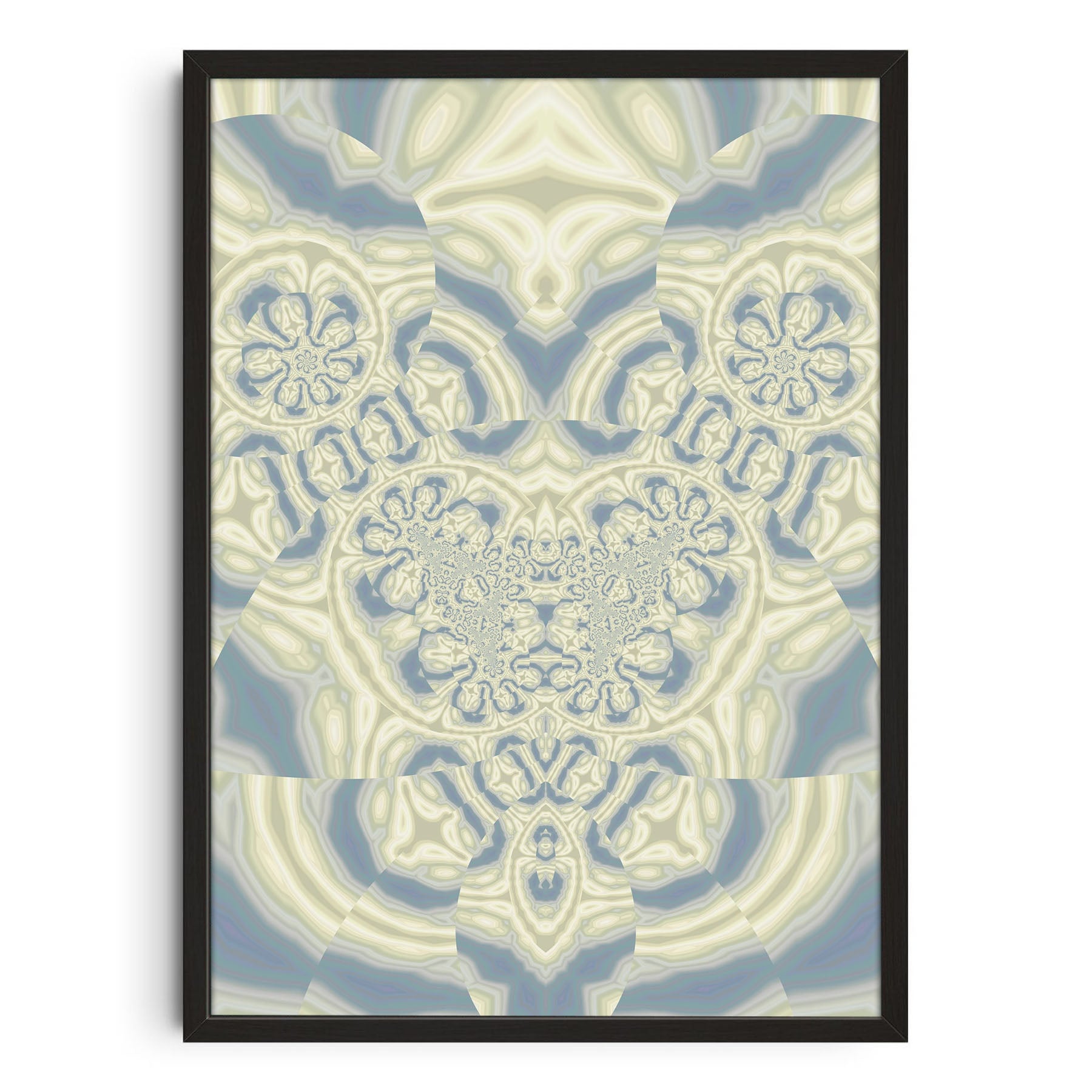 Angelus abstract fractal artwork featuring soft blue, sage green, and cream symmetric patterns in a black frame.